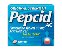 A box of Original Strength Pepcid AC® acid reducer 10 mg tablets for occasional heartburn.