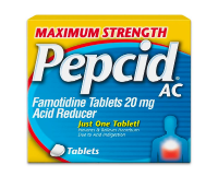A box of Maximum Strength Pepcid AC® tablets with Famotidine for acid indigestion relief.
