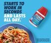 Pepcid Complete starts to work in seconds and lasts all day above a large plate of spaghetti