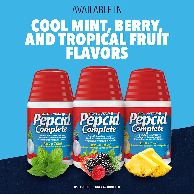 Pepcid Complete® comes in cool mint, pineapple, and berry flavors with a 1-tablet-only dose.