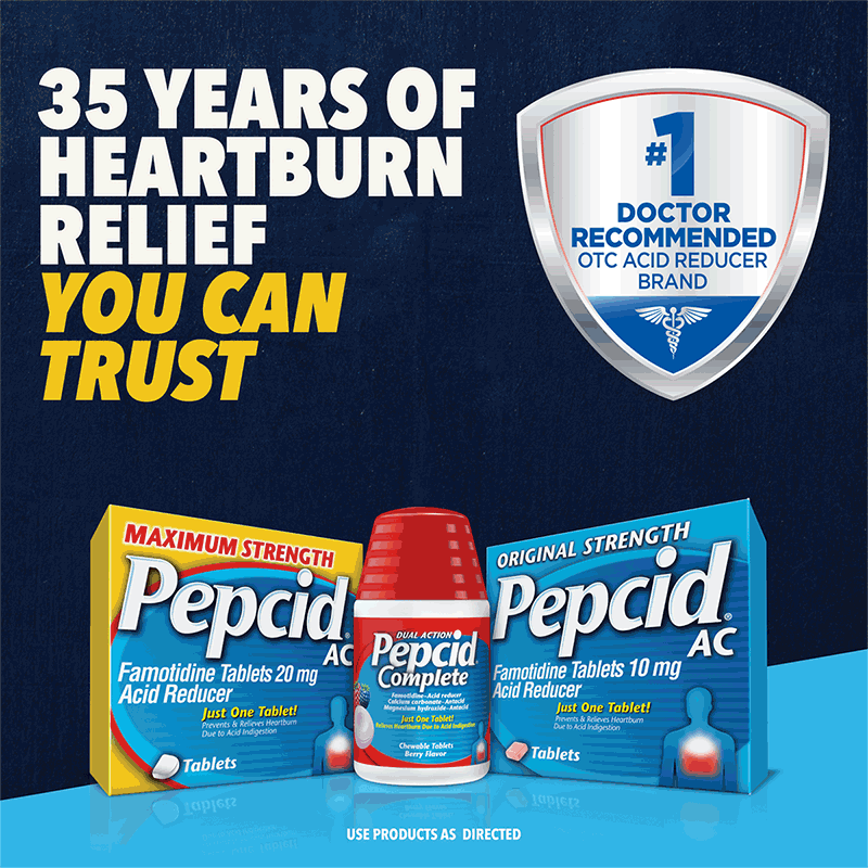 Packages and bottle of Pepcid® Maximum Strength, Dual Action & Original Strength OTC acid reducers.
