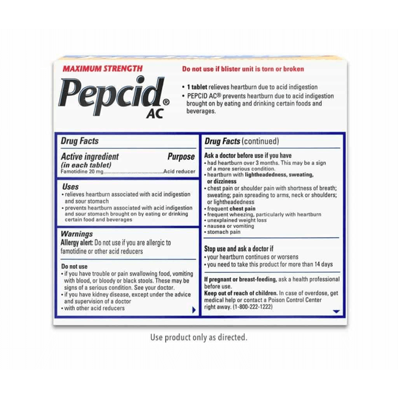 Drug facts, uses, warnings, and dosage on a Maximum Strength Pepcid AC® package.