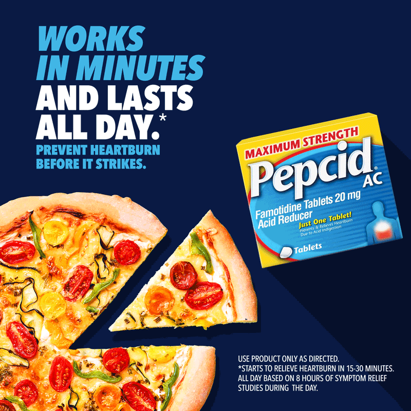 Pack of Pepcid® AC Maximum Strength and a pizza - Works in minutes and lasts all day