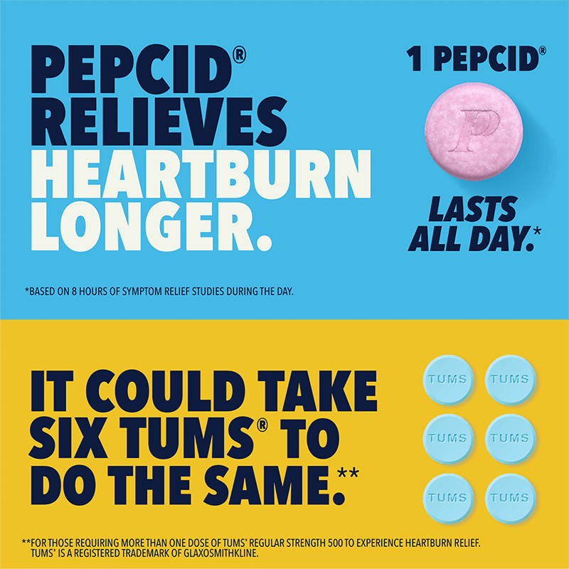 One Pepcid® tablet relieves heartburn could take longer than six of the competitor's heartburn tablets.
