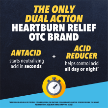 Pepcid® is a dual-action OTC heartburn relief medicine that is an antacid and acid reducer.