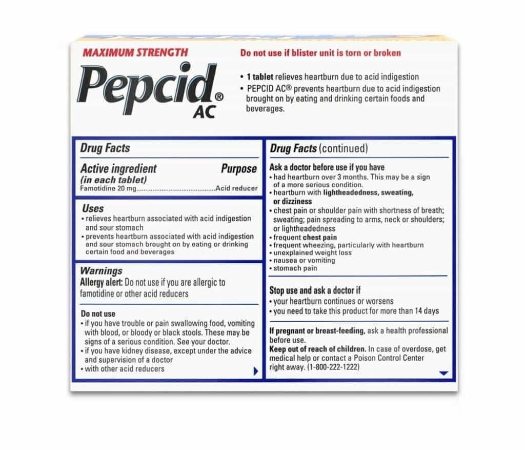 Maximum Strength Pepcid AC Heartburn Relief Tablets with Famotidine drug facts label