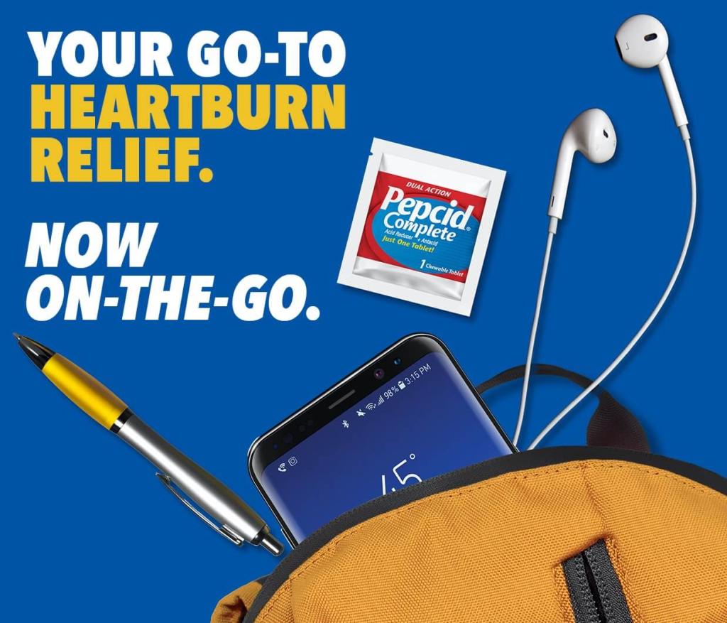 Pepcid Complete Travel Size packaging, your go-to heartburn relief, now on-the-go