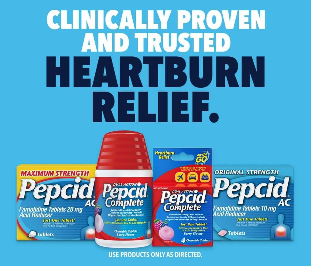 Clinically proven and trusted heartburn relief with Pepcid product line below