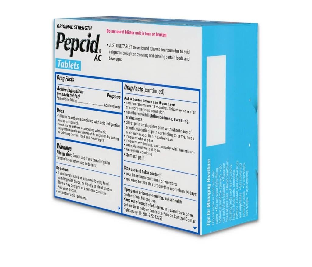 Pepcid AC Original Strength Heartburn Relief Medicine with Famotidine drug facts side profile
