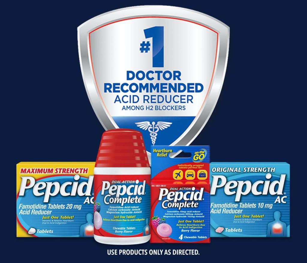 Pepcid Heartburn Relief Medication product line, number one doctor recommended acid reducer