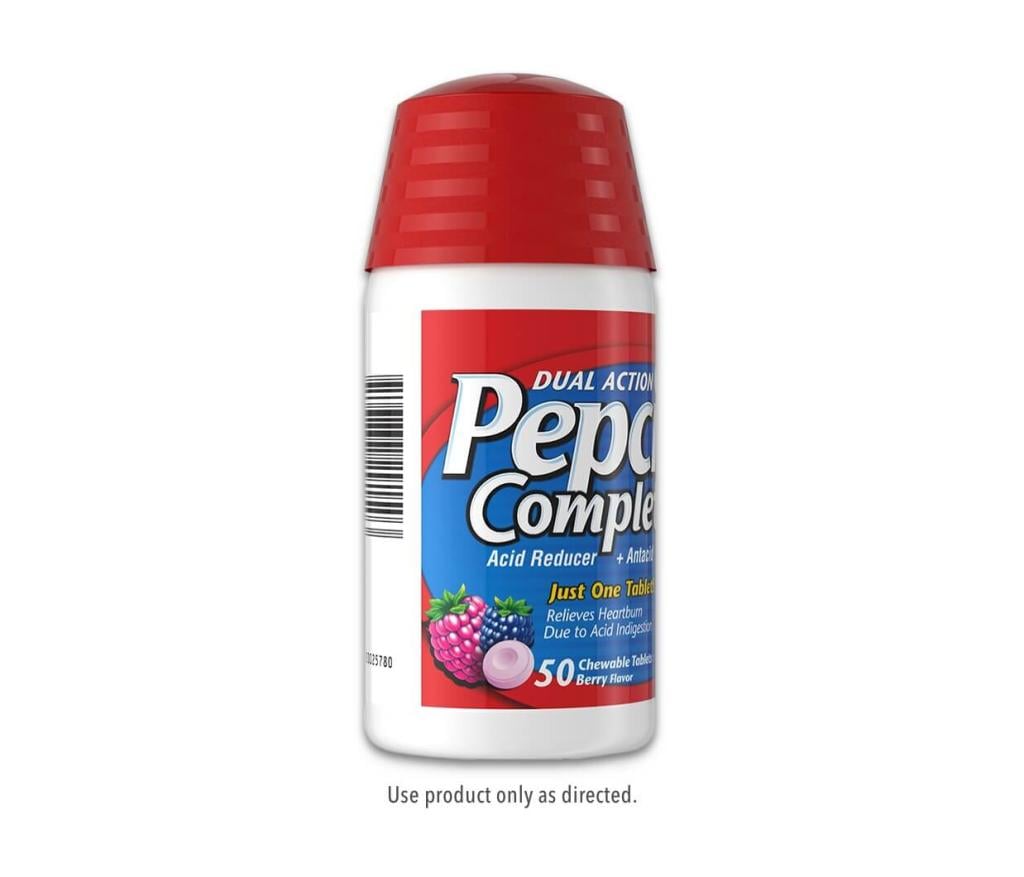Berry Flavored Pepcid Complete Heartburn Relief Medicine with Famotidine bottle side profile