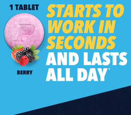 A pink berry-flavored Pepcid® tablet that fights heartburn all day.