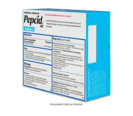 Original Strength Pepcid® AC back of package rotated to the side