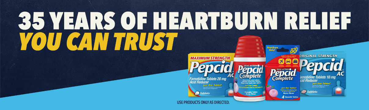A banner featuring four Pepcid® heartburn products that provide fast-acting heartburn relief.