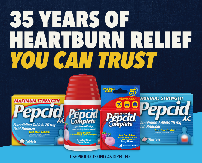Four formulas of Pepcid® heartburn relief products that have been trusted for 35 years.