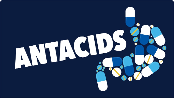 Antacids and graphic of pills forming the shape of a stomach