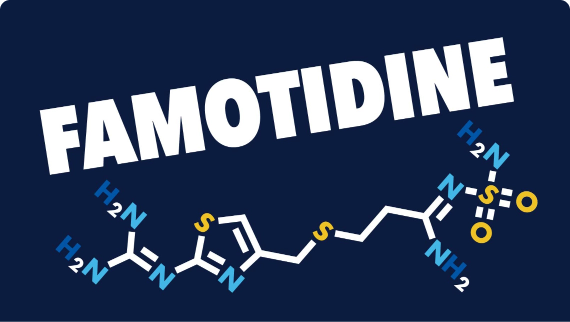 A Famotidine chemical compound illustration. Famotidine is in Pepcid® heartburn medication.